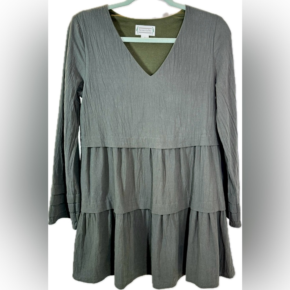 Loveriche Boho Tiered Ruffle Mini Dress Size S Bell Sleeve Linen Olive Green